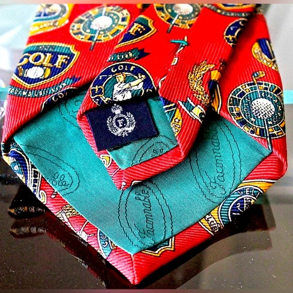 FACCONABLE MENS TIE RED 100% SILK MADE IN FRANCE GOLF GOLD GREEN VINTAGE